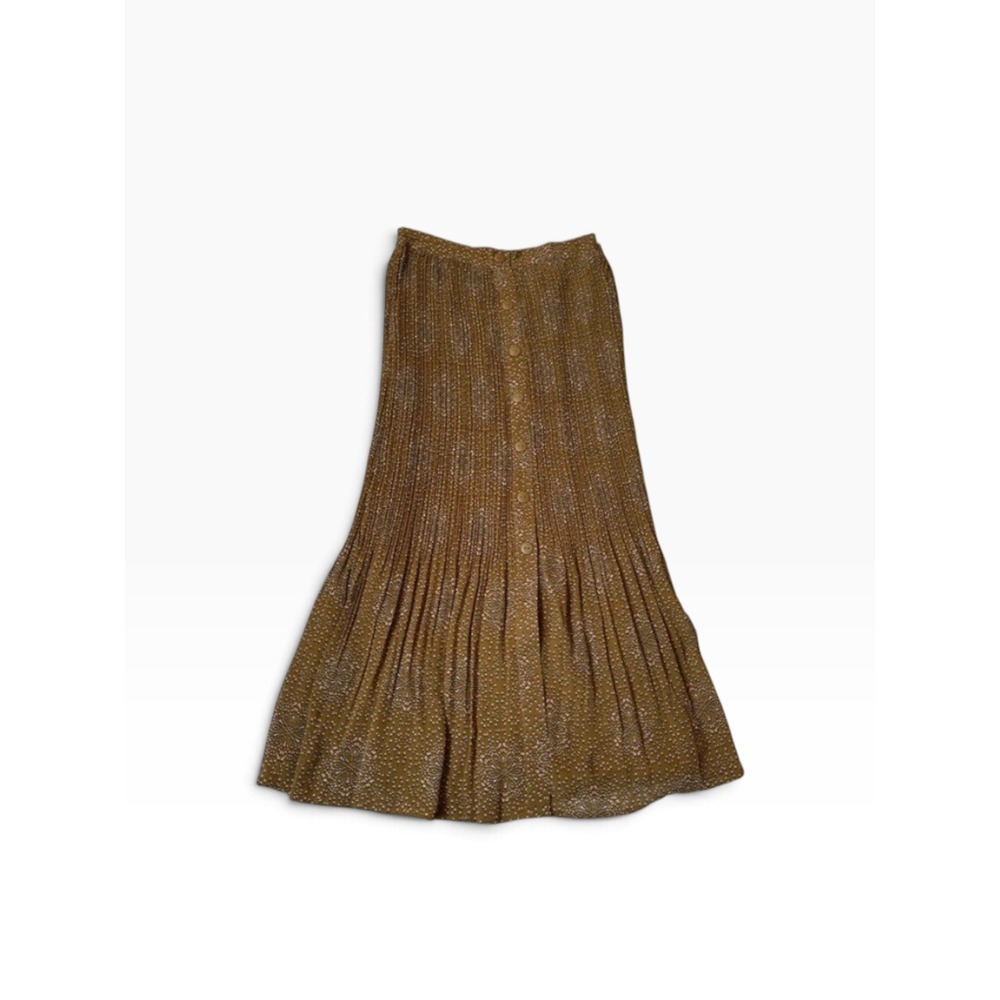 DR2 Women's Small Tan Pleated Button Up Skirt Mid Calf Lined Elastic Waist